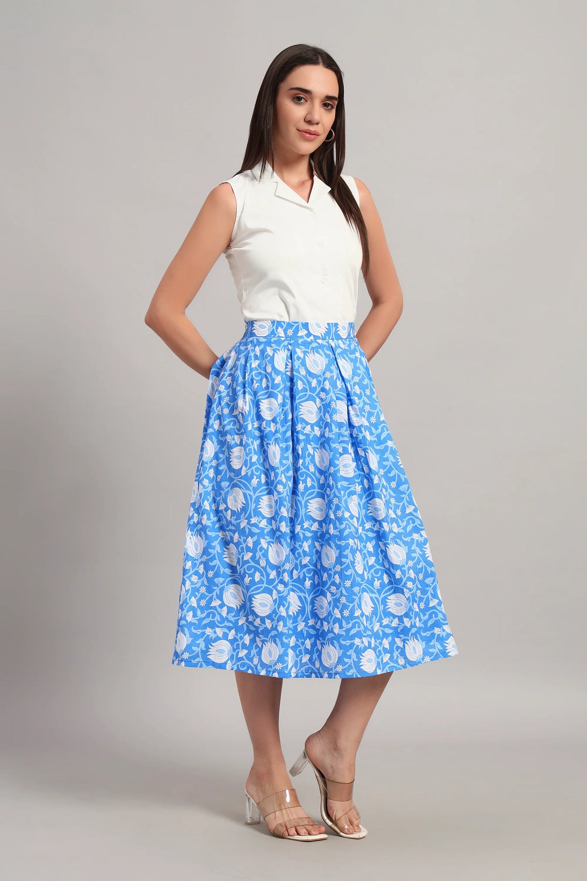 Lotus Bloom Skirt Set, Blue and White