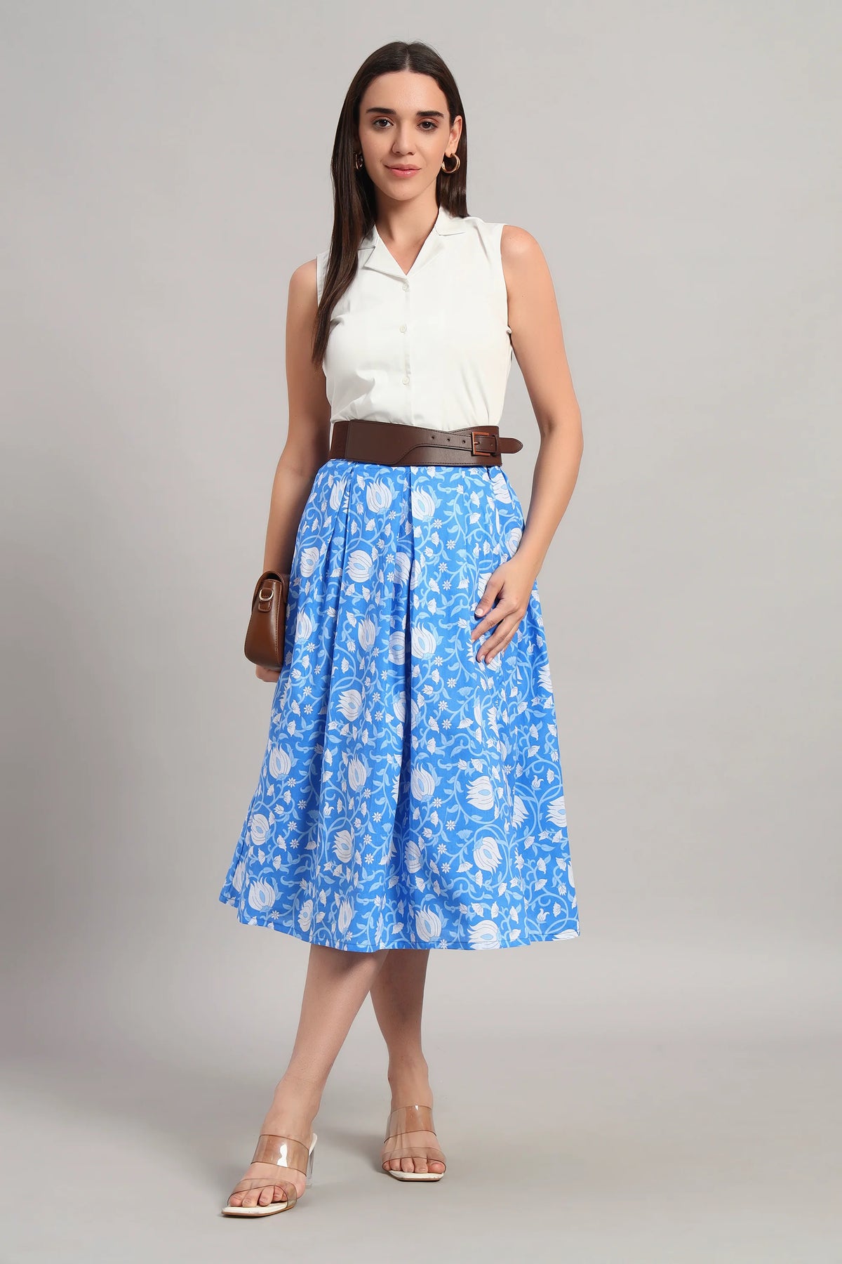 Lotus Bloom Skirt Set, Blue and White