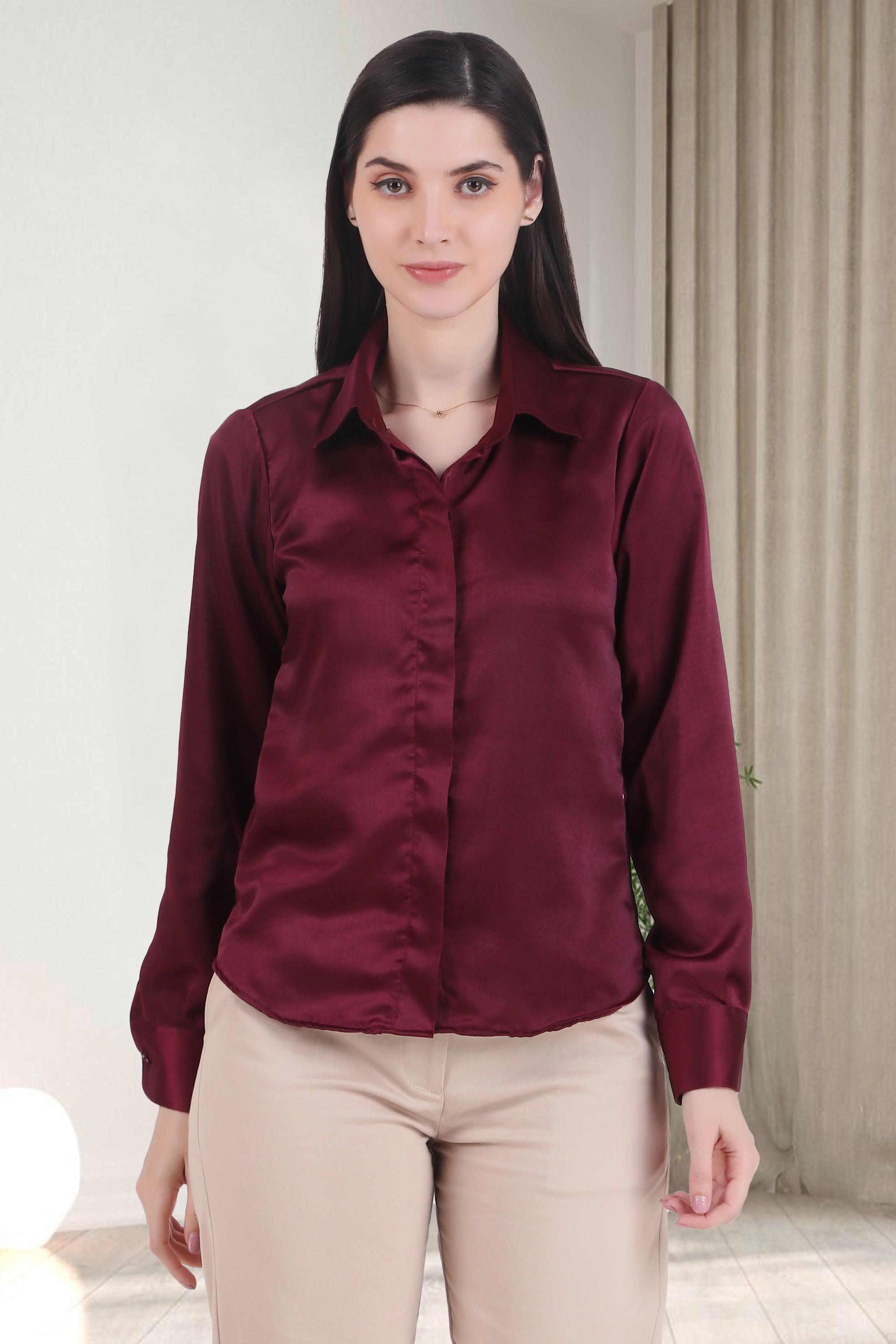 Satin Button Down Full Sleeves Shirt Wine