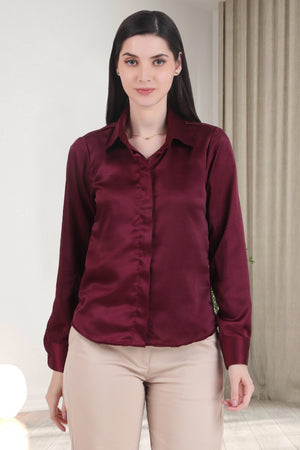 Satin Button Down Full Sleeves Shirt, Wine