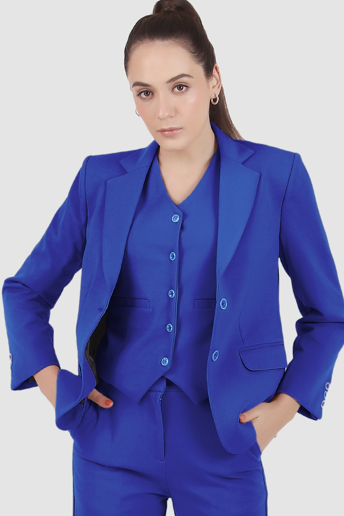 Stretch Crepe Single Breasted Blazer, Blue