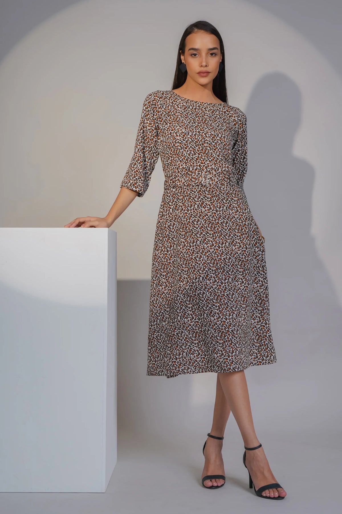 Graceful Drapes Midi Dress, Leopard Print