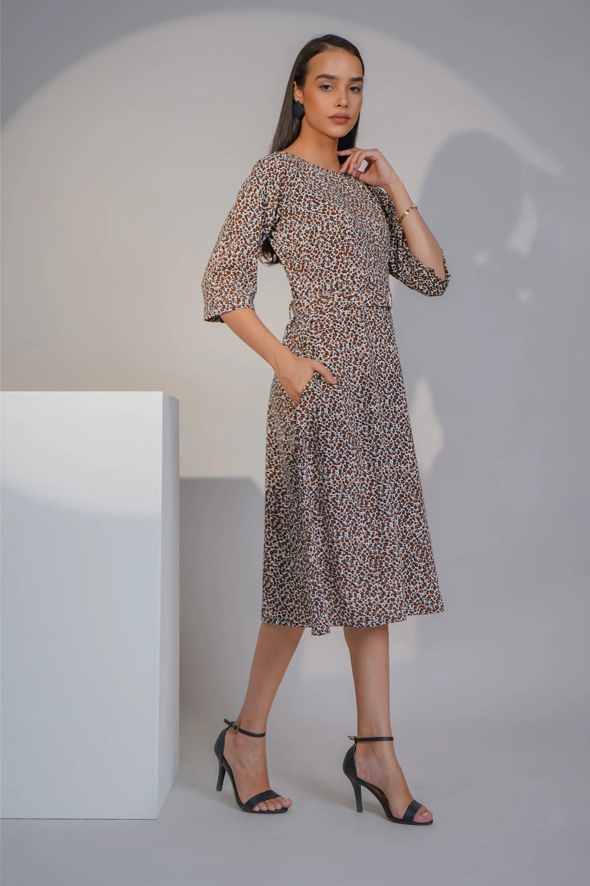 Graceful Drapes Midi Dress, Leopard Print