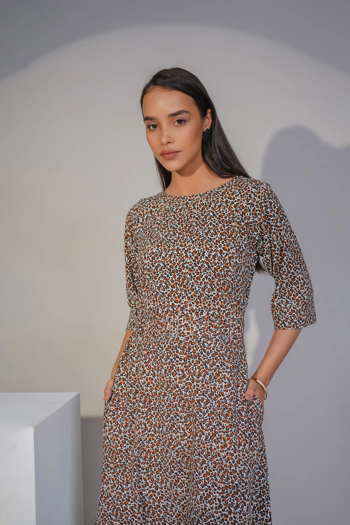 Graceful Drapes Midi Dress, Leopard Print