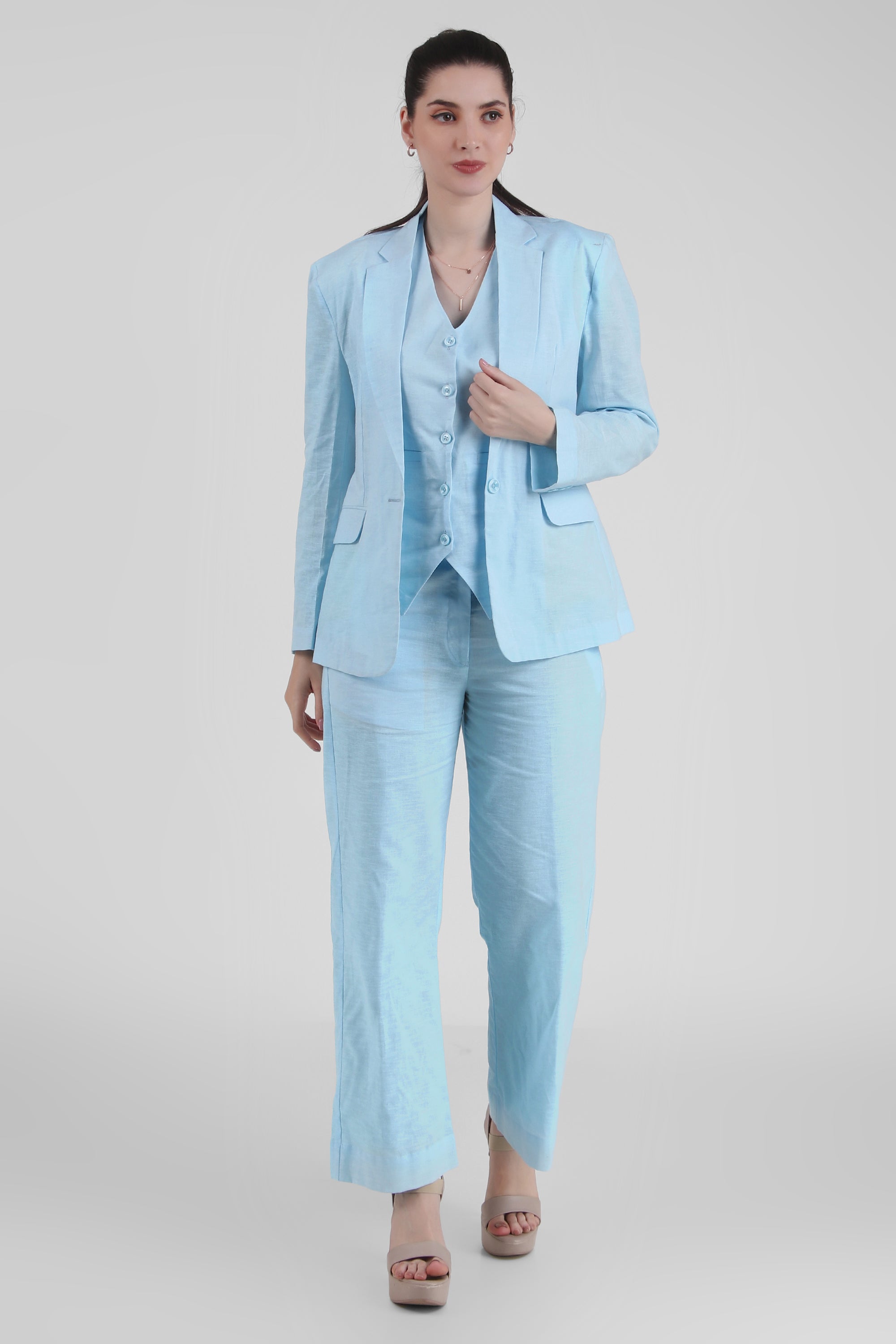 Linen Trio : 3 Piece Suit Set Waistcoat, Blazer, Pant in Sky