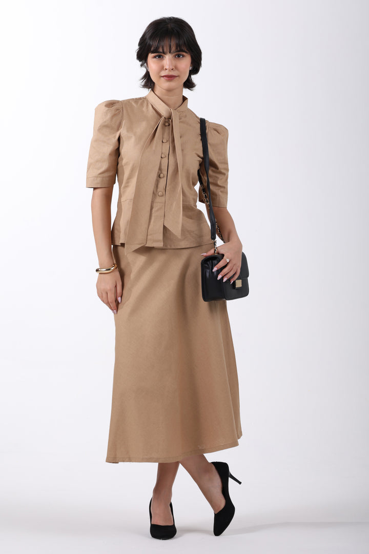 Tie Collar Top and A-Line Skirt Co-ord Set – Beige Linen