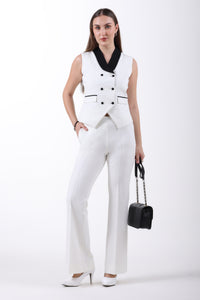 Double Breasted Contrast Shawl Flare Co-ord Set, Off White & Black