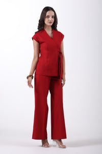 Wrap Style Waistcoat and Pintuck Trousers Co-ord Set – Red Linen