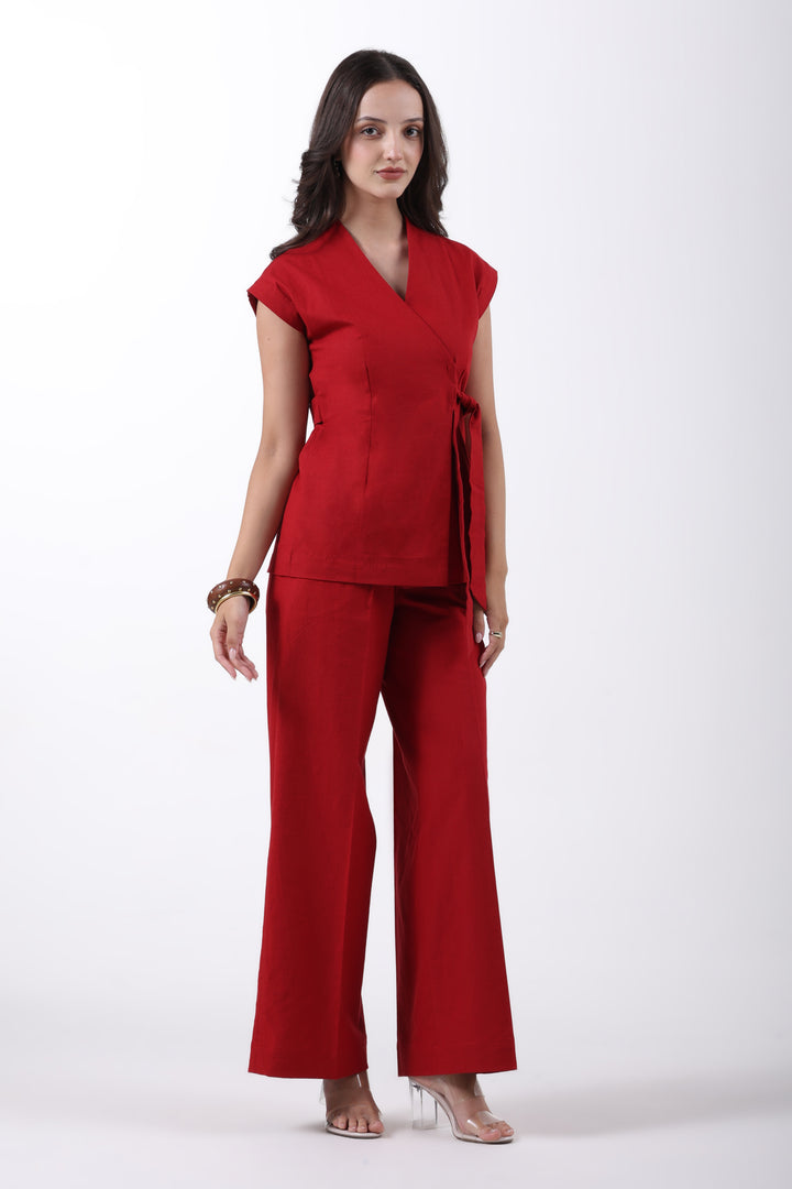 Wrap Style Waistcoat and Pintuck Trousers Co-ord Set – Red Linen