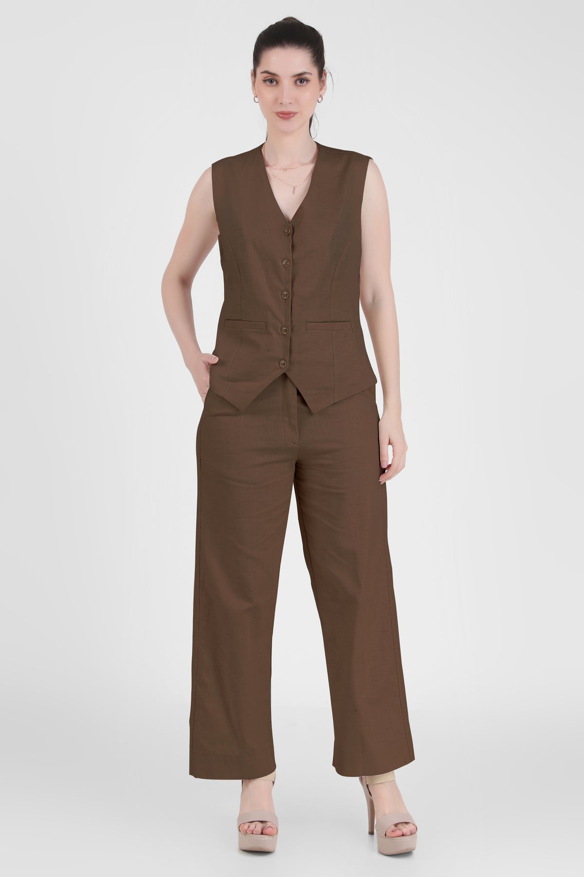 Linen Blend, Waistcoat And Trousers Co-ord Set - Taupe