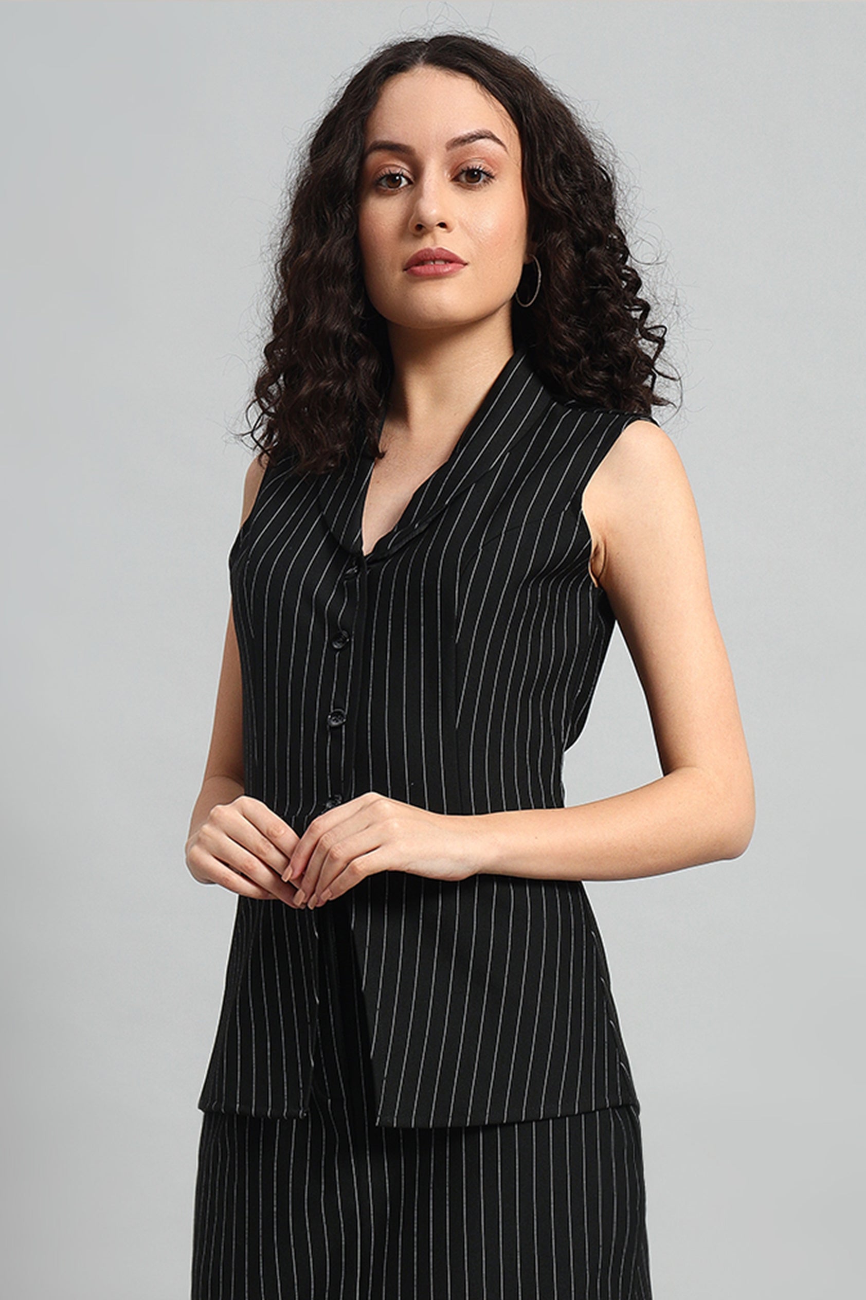 Pinstripe Precision Vest and Skirt Co-ord – Black Pinstripe