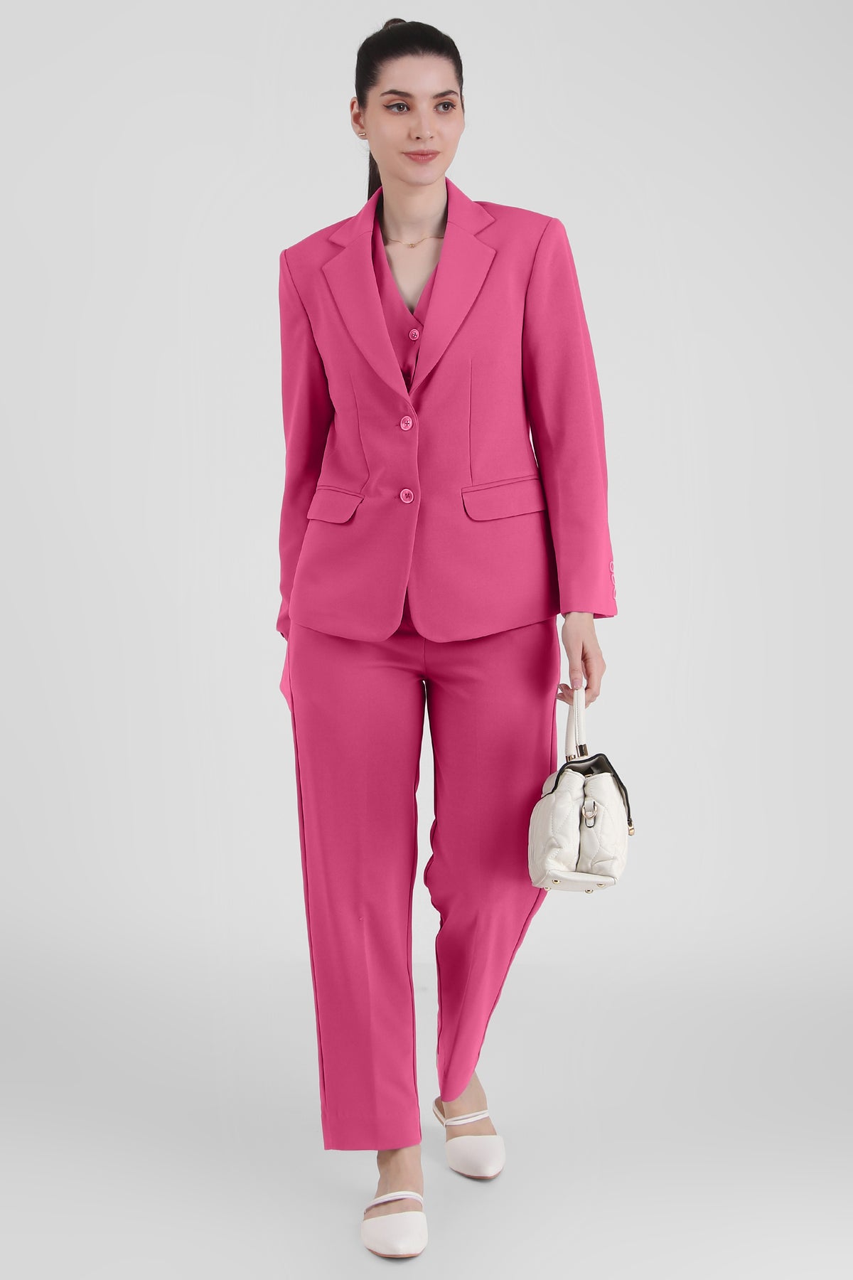 Power : 3 Piece Suit Set : Waistcoat Blazer Pant in Fuchsia