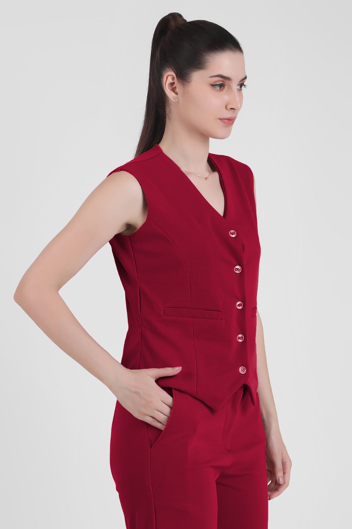 V Neck Tailored Waistcoat, Red