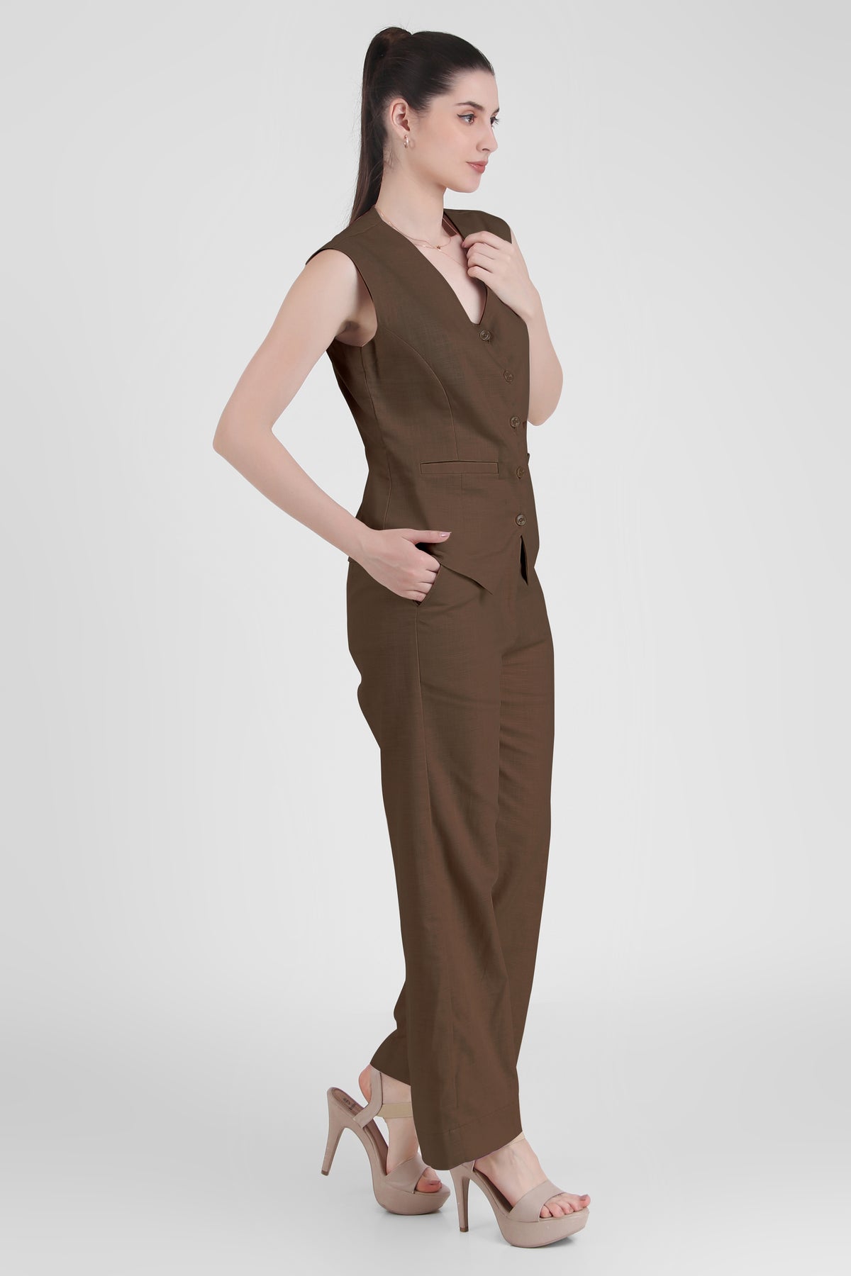 Linen Blend, Waistcoat And Trousers Co-ord Set - Taupe