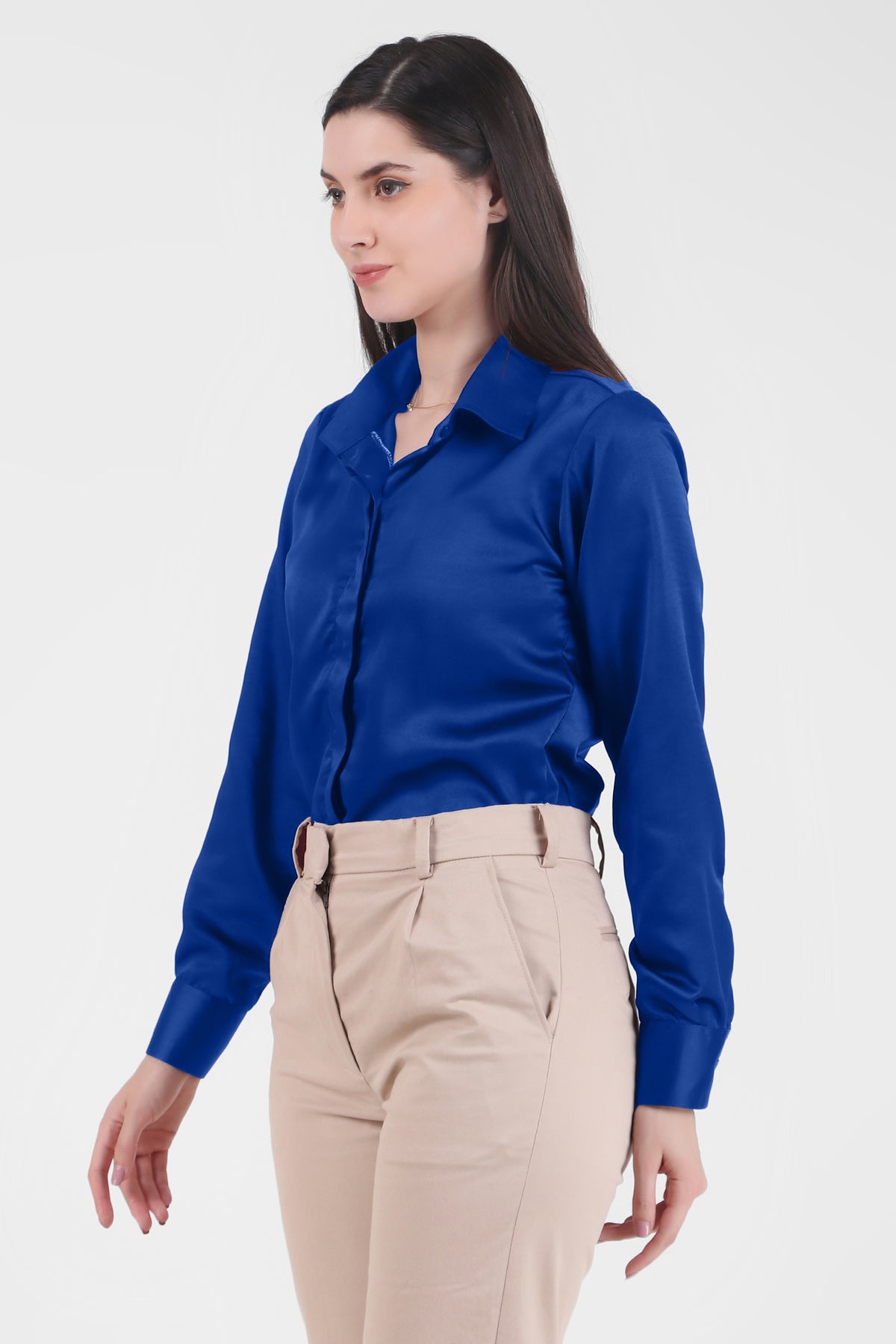 Satin Button Down Full Sleeves Shirt, Blue