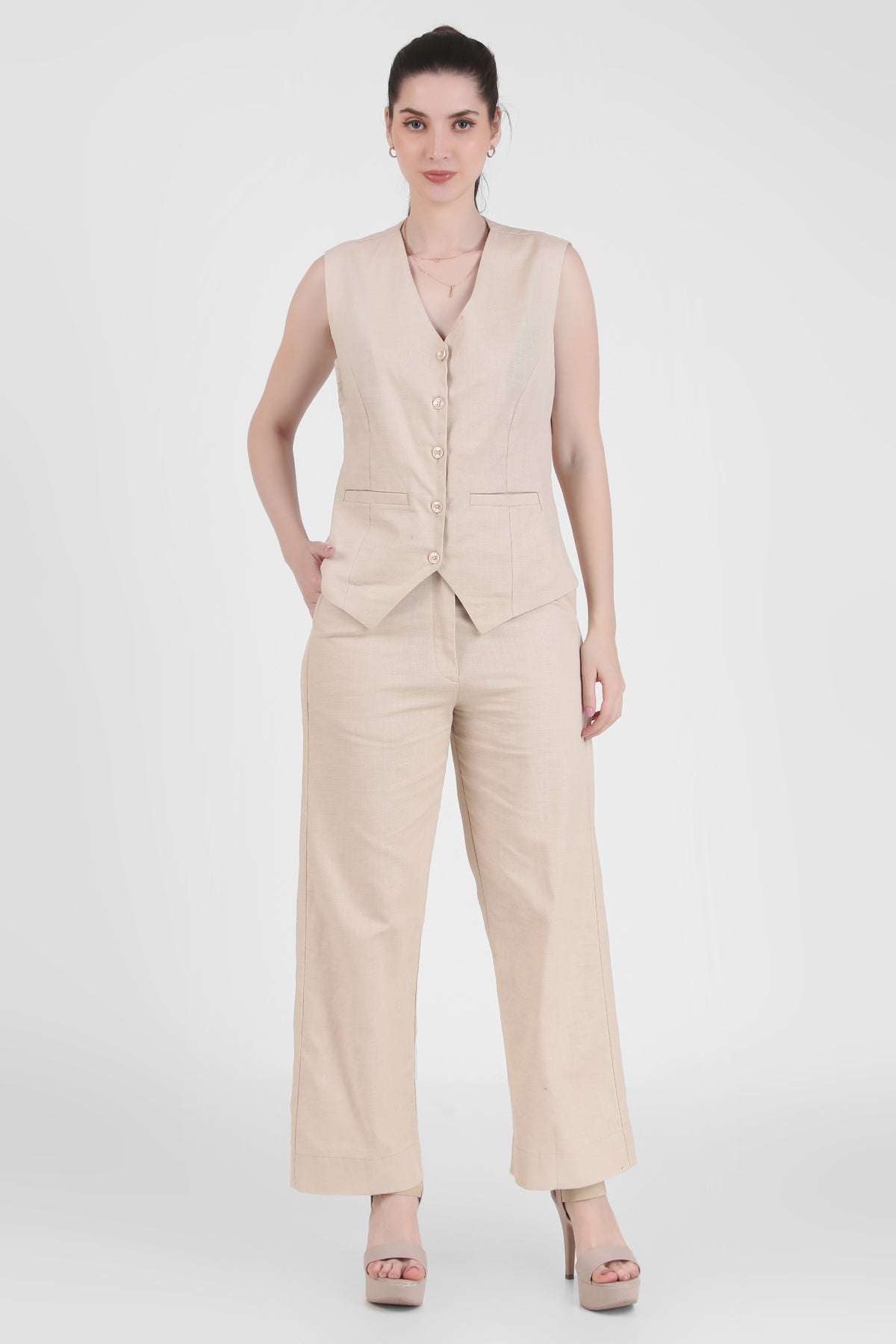 Linen Blend, Waistcoat And Trousers Co-ord Set - Beige