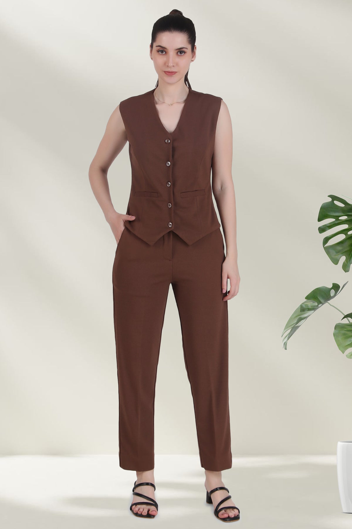 Waistcoat And Trousers Co-ord Set - Brown