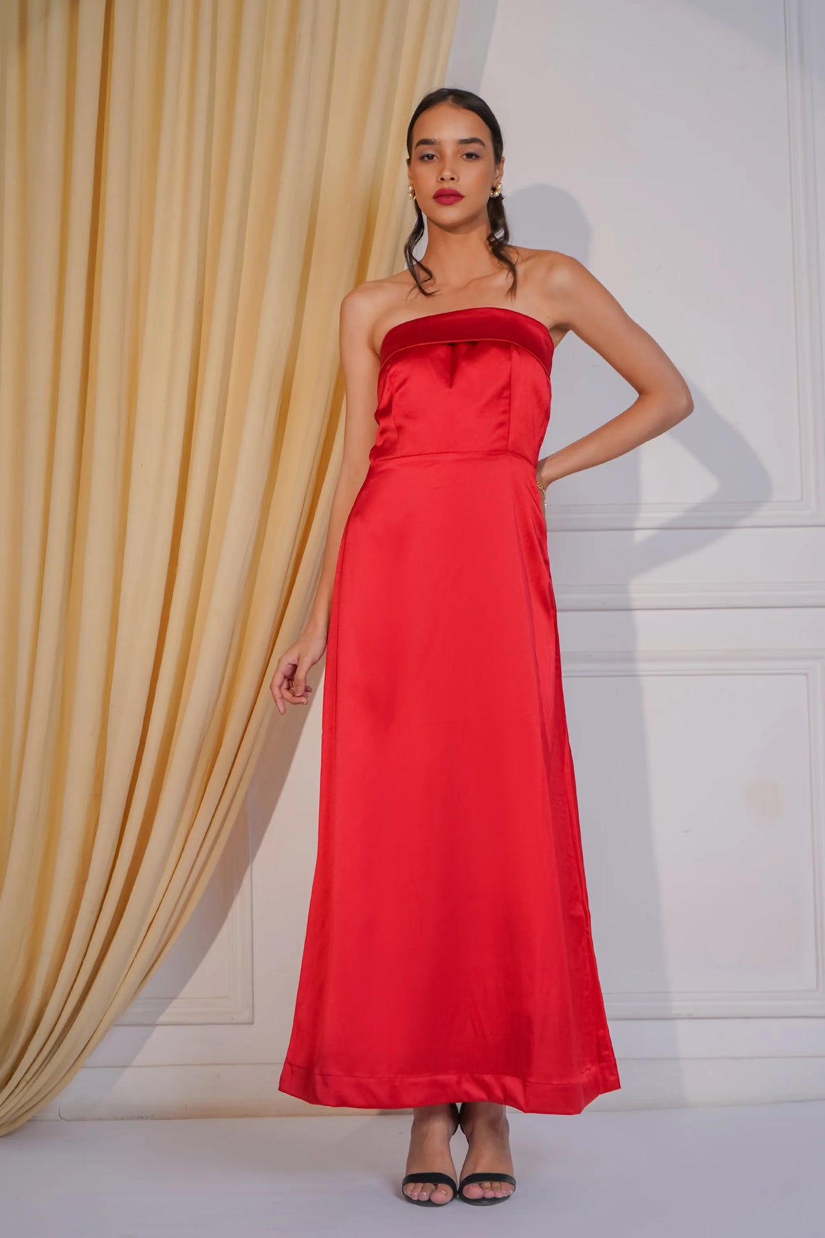 Offbeat Charm, Off shoulder Satin Dress, Red