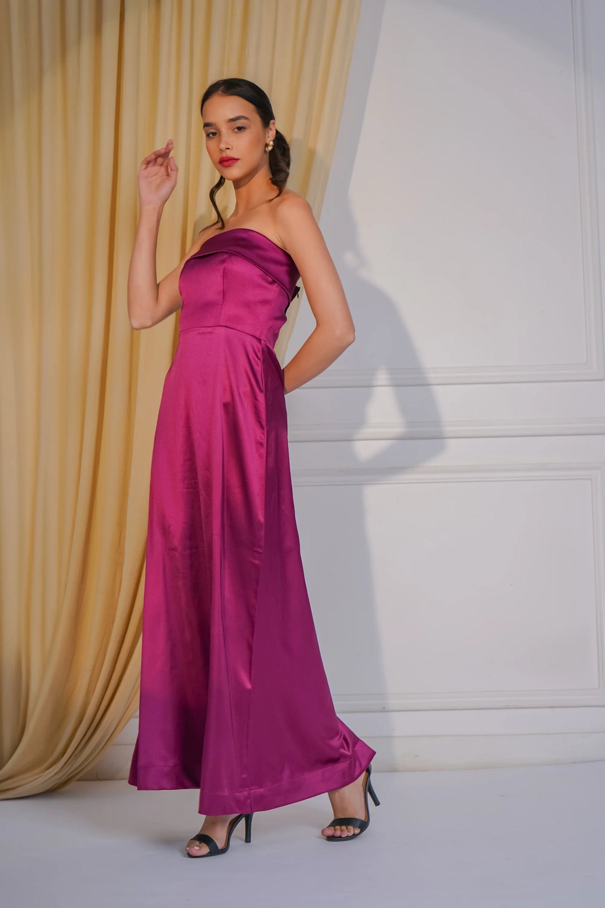 Offbeat Charm, Off shoulder Satin Dress, Wine