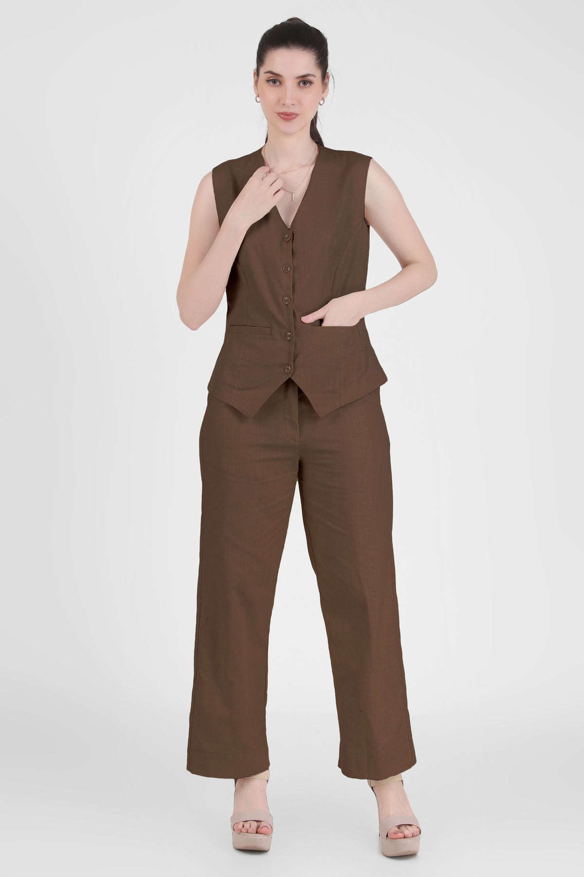 Linen Blend, Waistcoat And Trousers Co-ord Set - Taupe