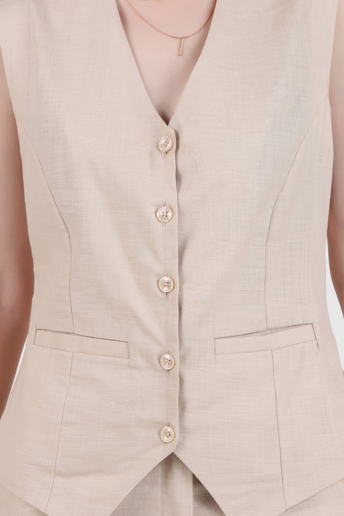 Linen Blend, V Neck Tailored Waistcoat, Beige