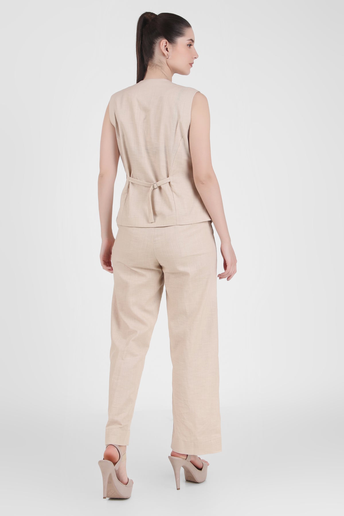 Linen Blend, Waistcoat And Trousers Co-ord Set - Beige