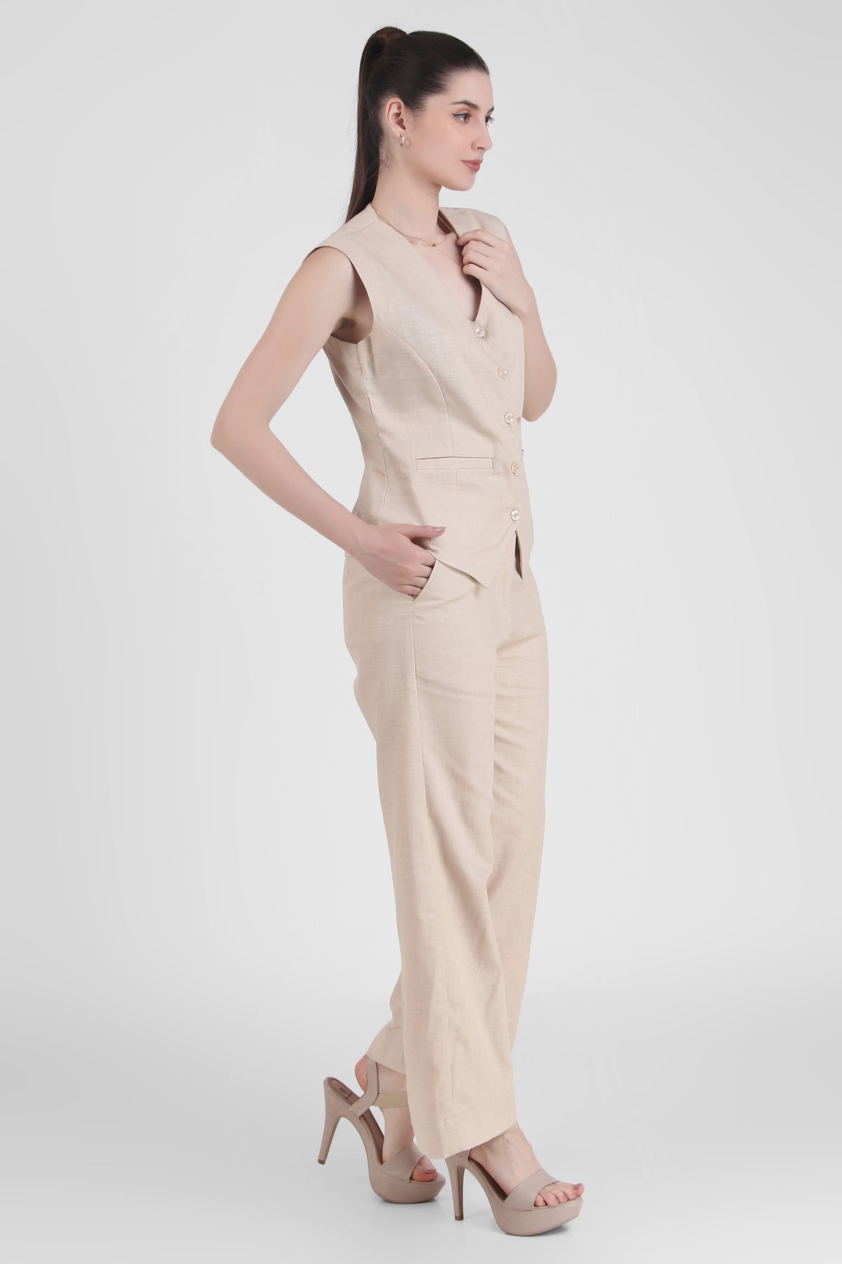 Linen Blend, Waistcoat And Trousers Co-ord Set - Beige