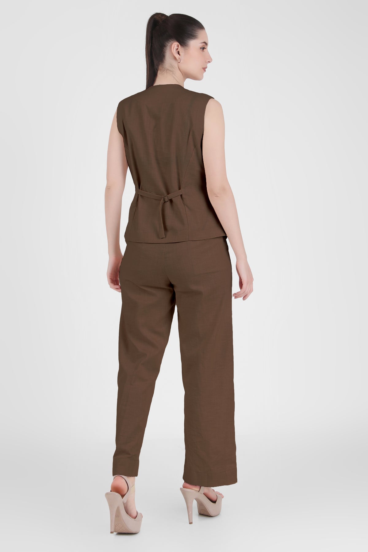 Linen Blend, Waistcoat And Trousers Co-ord Set - Taupe