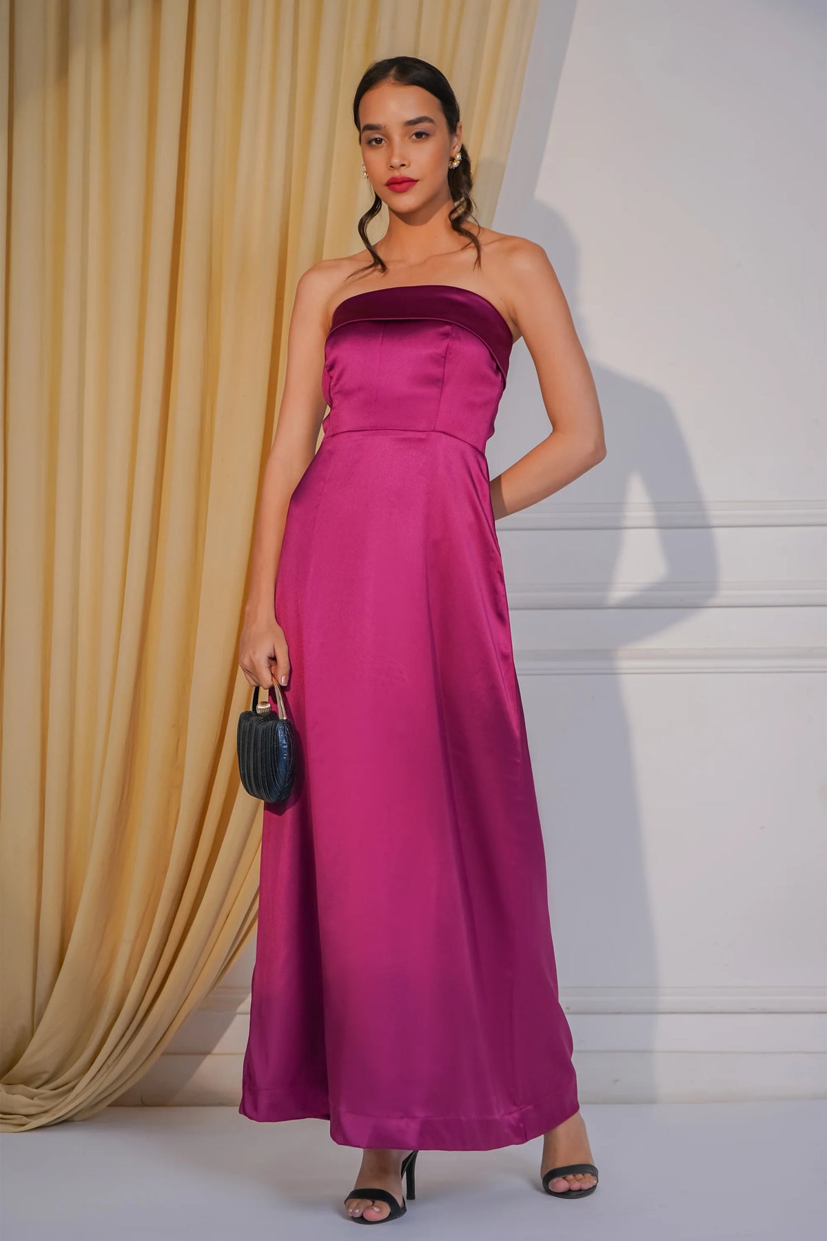 Offbeat Charm, Off shoulder Satin Dress, Wine