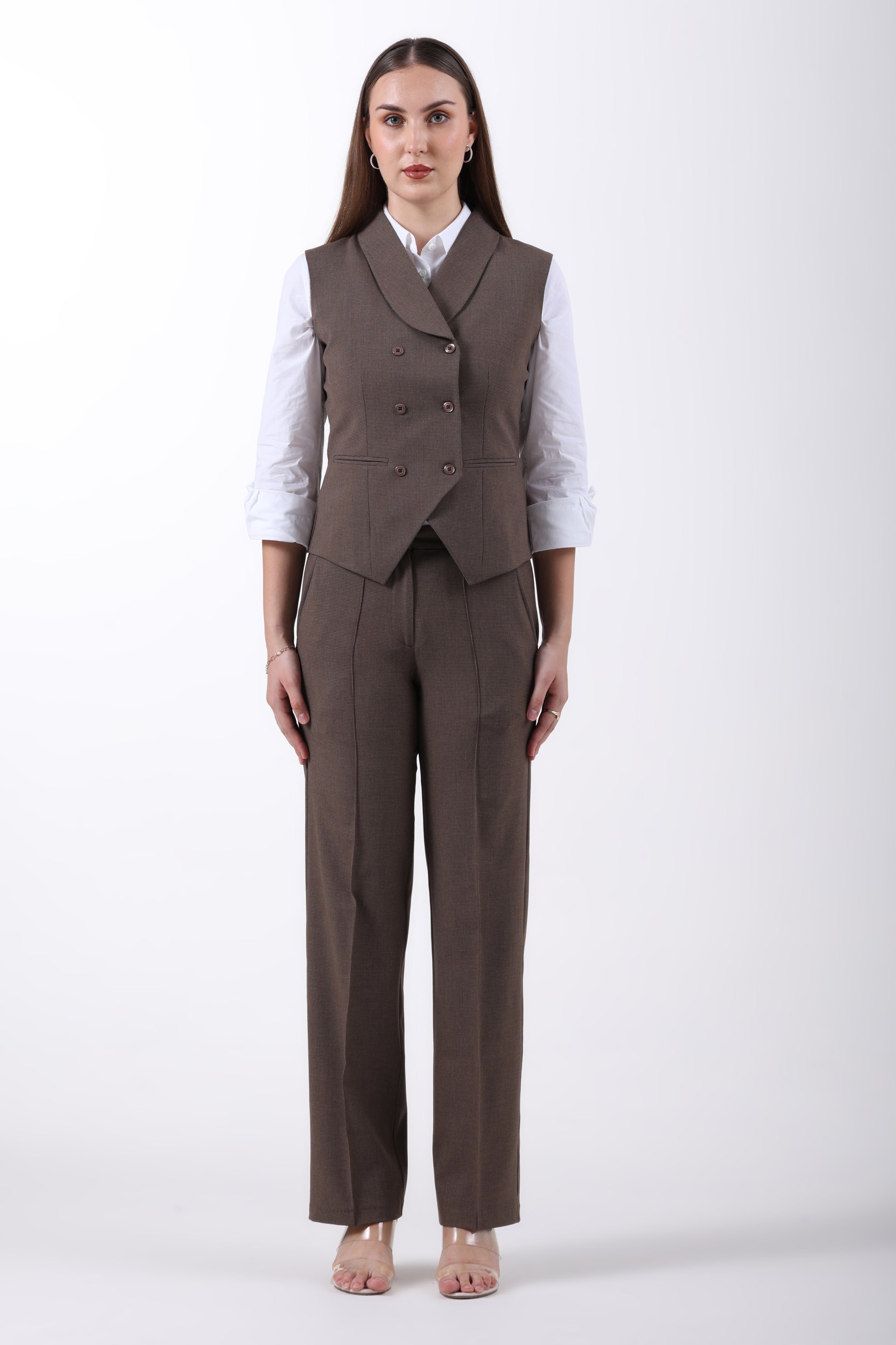 Houndstooth 3-Piece Trouser Co-ord Set – Brown