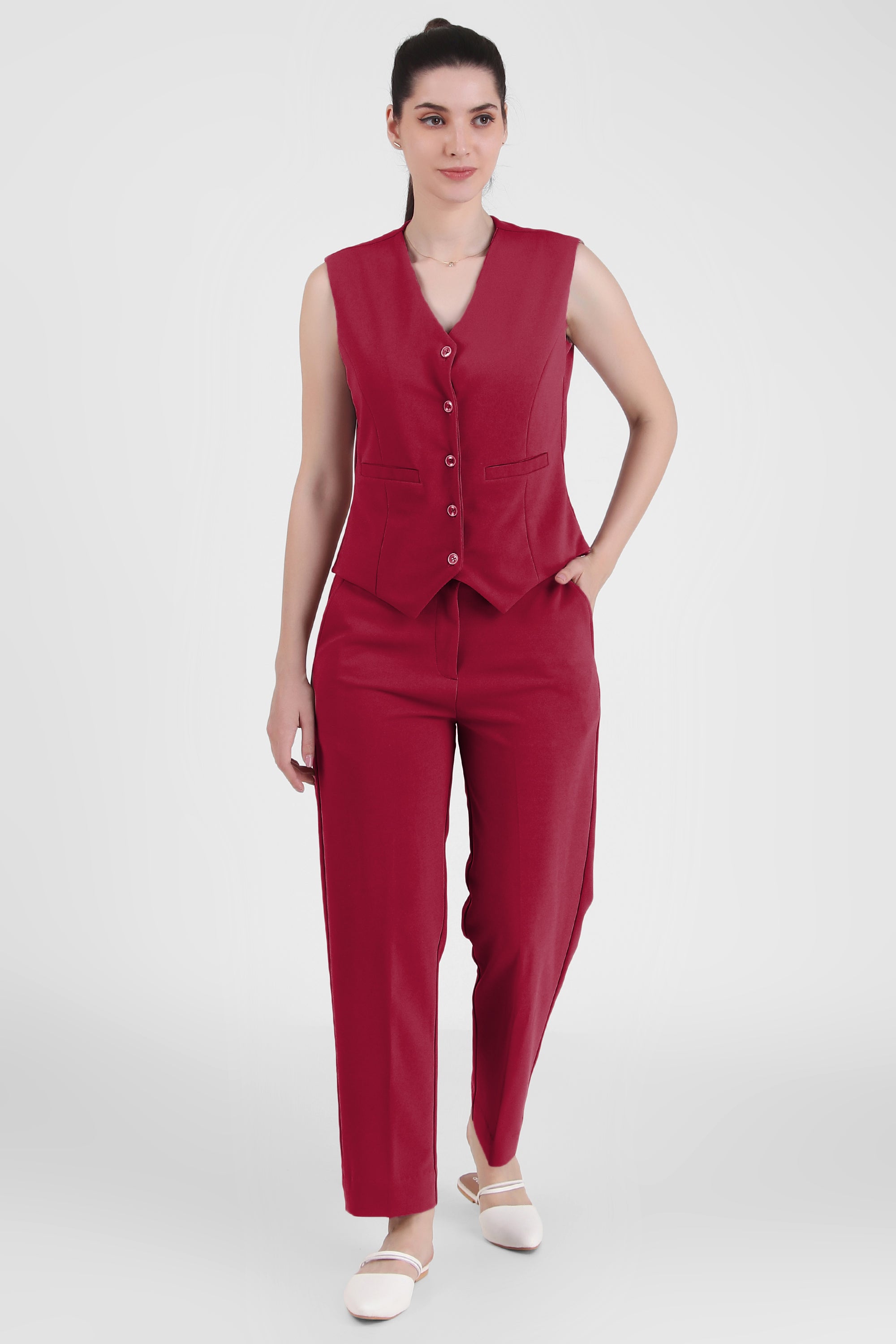 Power 3 Piece Suit Set Waistcoat Blazer Pant in Red Charcoal Threads