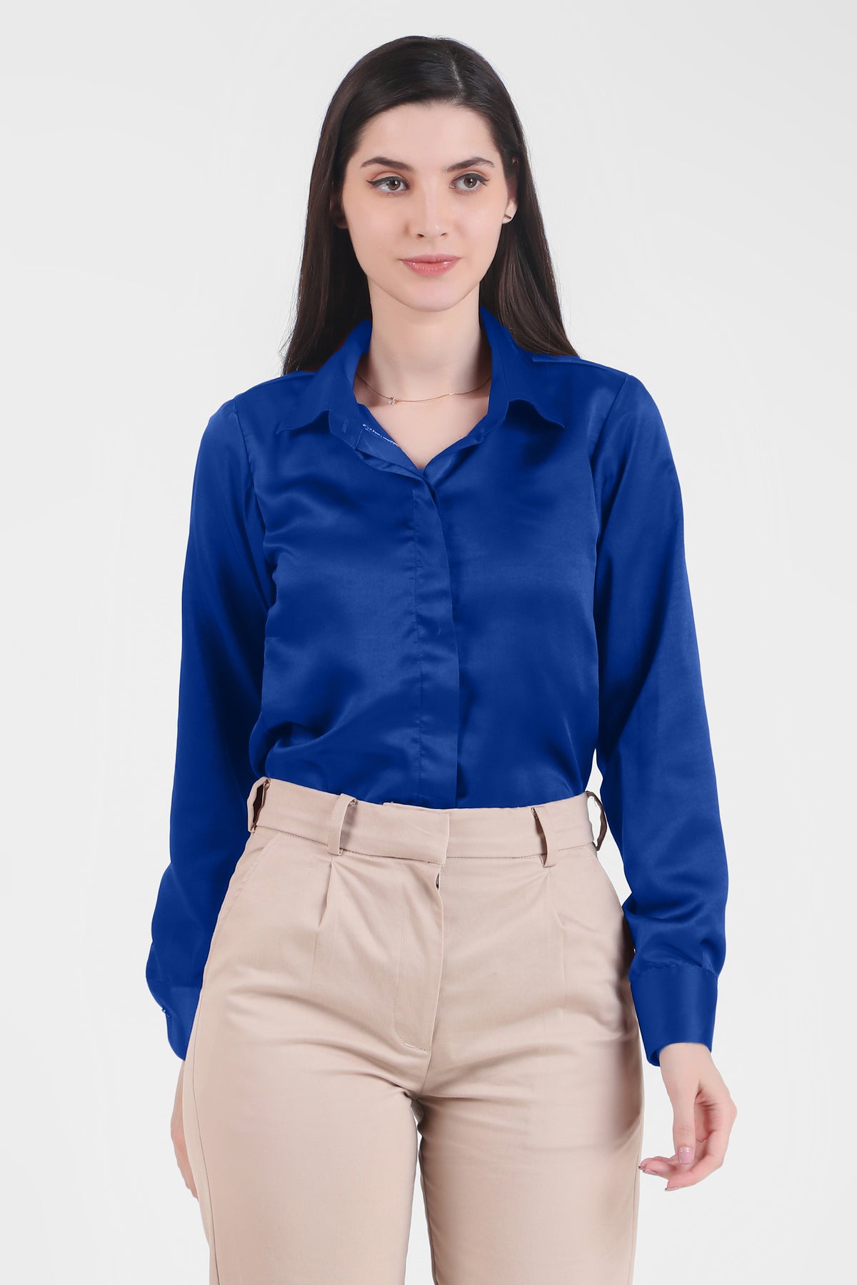 Satin Button Down Full Sleeves Shirt, Blue