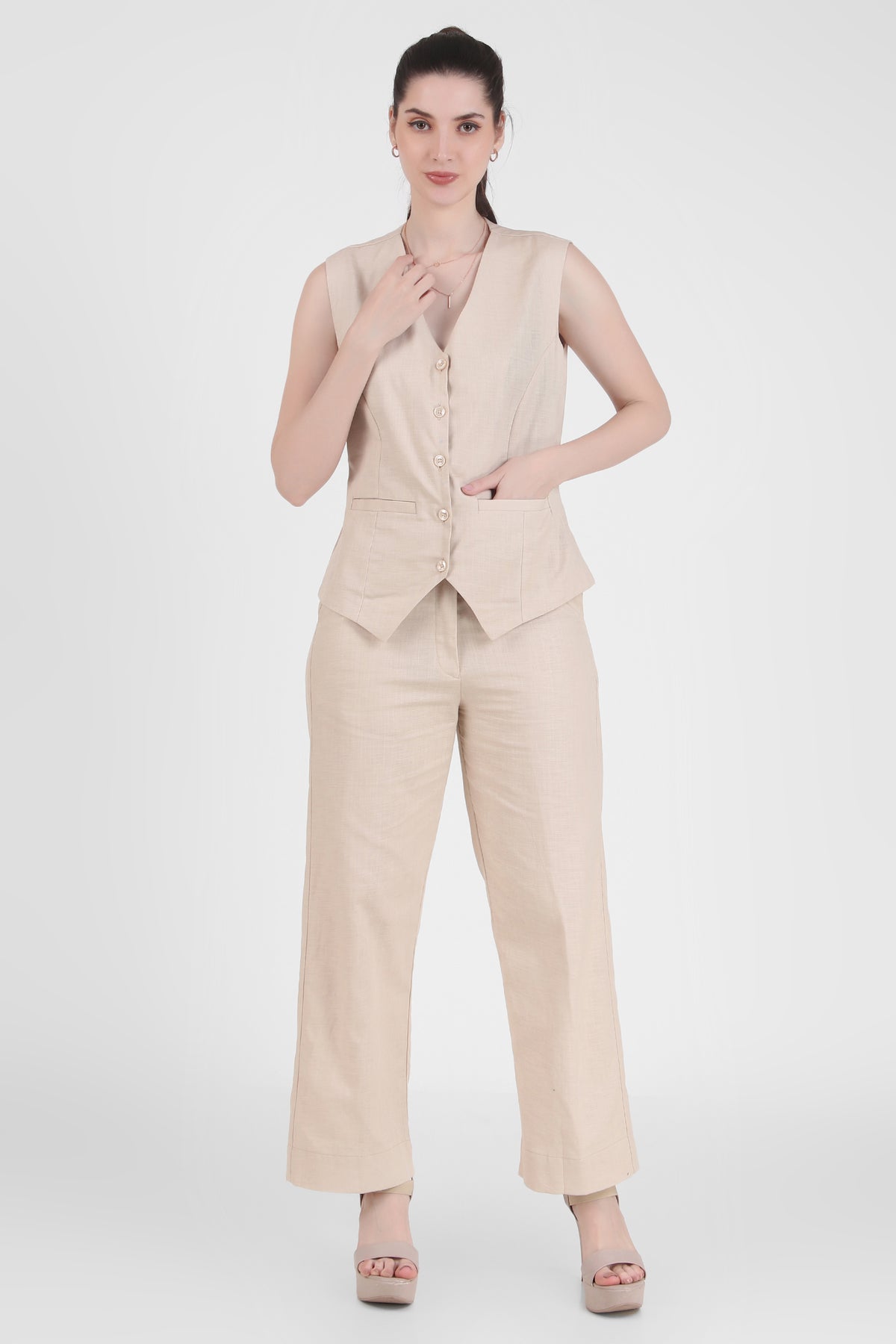 Linen Blend, Waistcoat And Trousers Co-ord Set - Beige