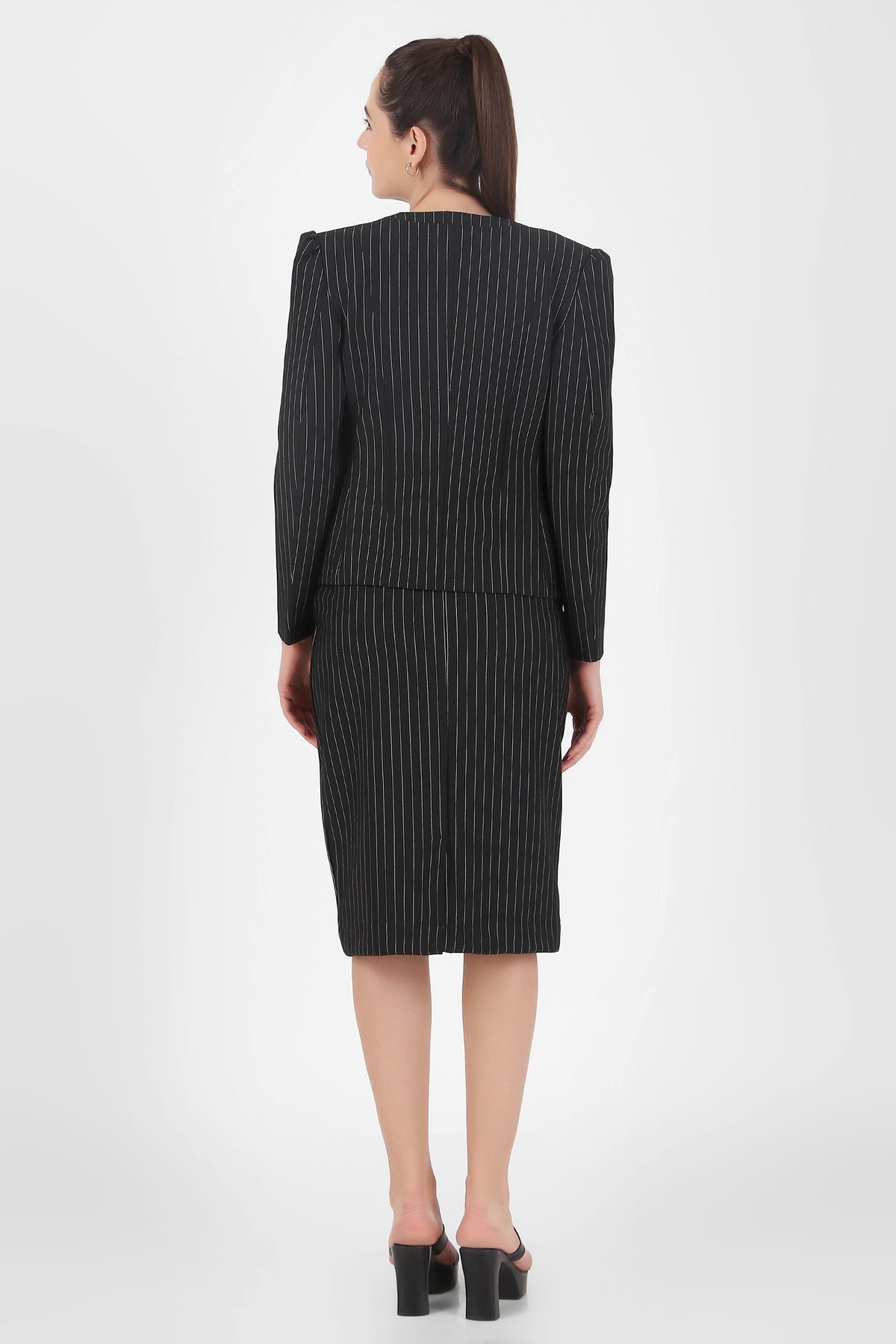 Pinstripe Power Skirt Suit Set – Charcoal Threads