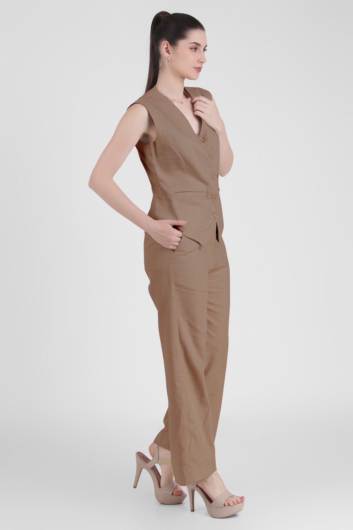 Linen Blend, Waistcoat And Trousers Co-ord Set - Camel