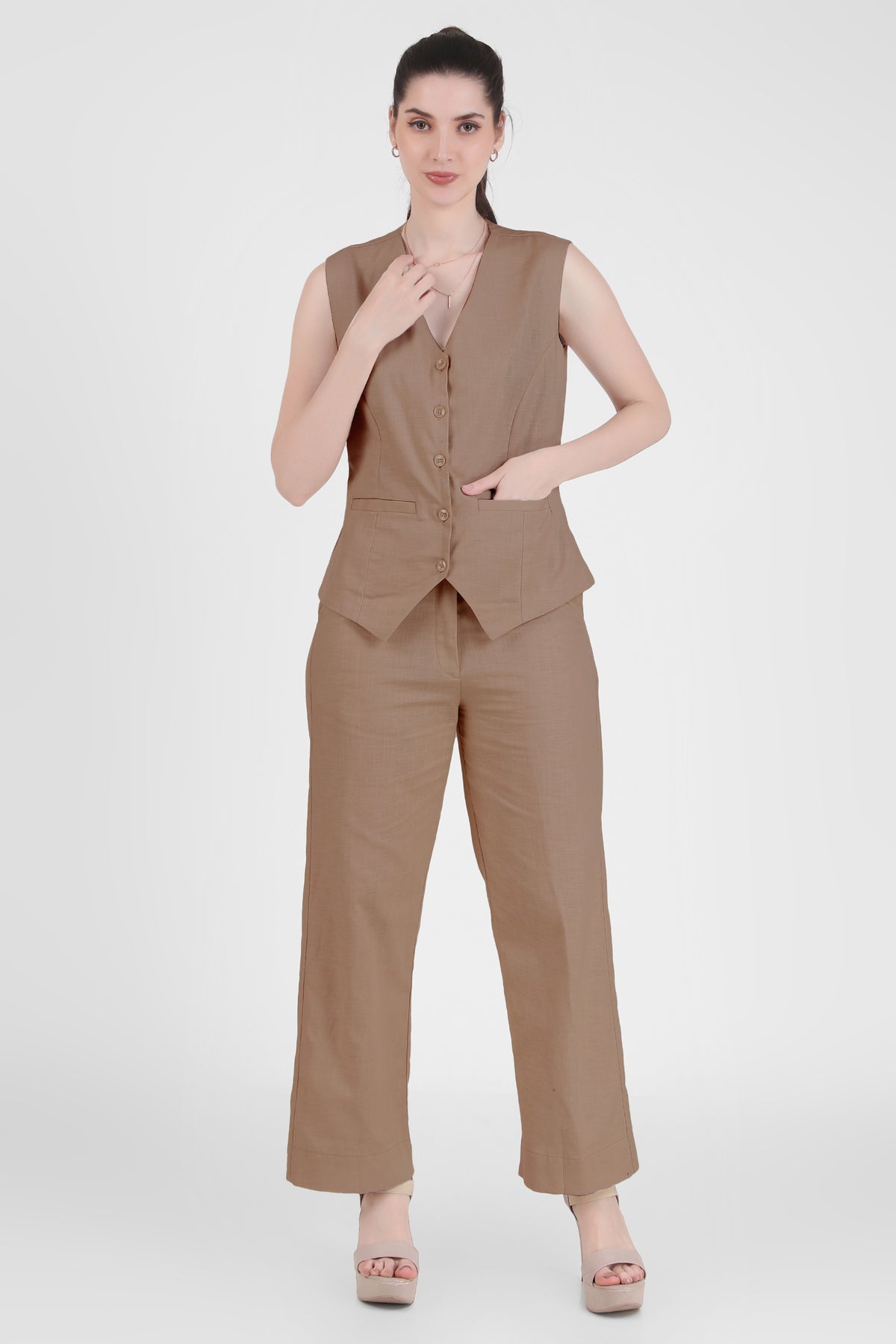 Linen Blend, Waistcoat And Trousers Co-ord Set - Camel