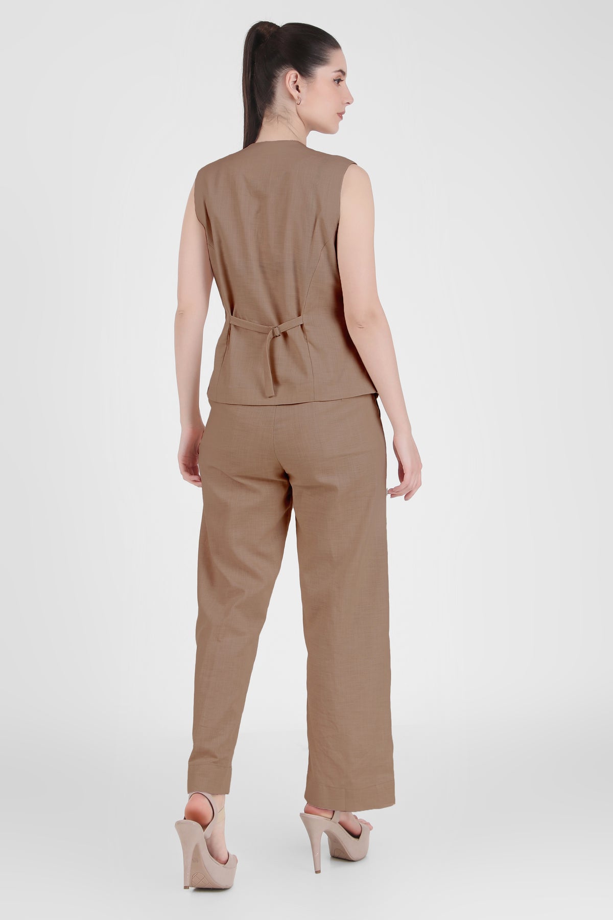 Linen Blend, Waistcoat And Trousers Co-ord Set - Camel