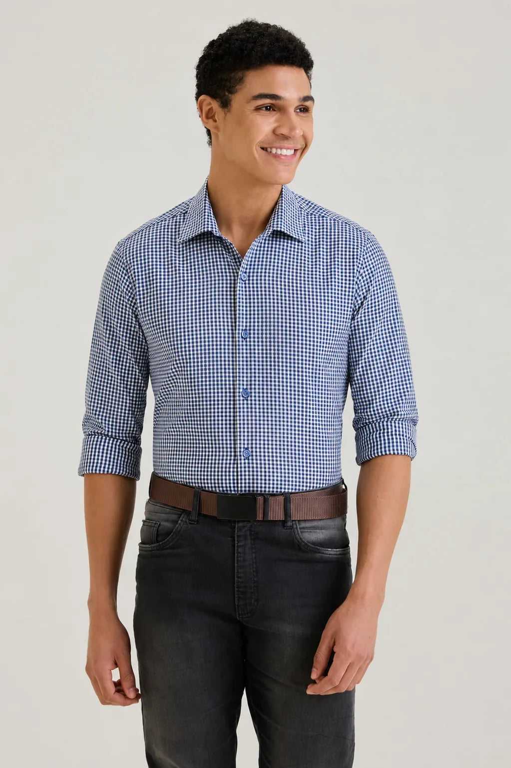Navy Gingham Check Shirt 1