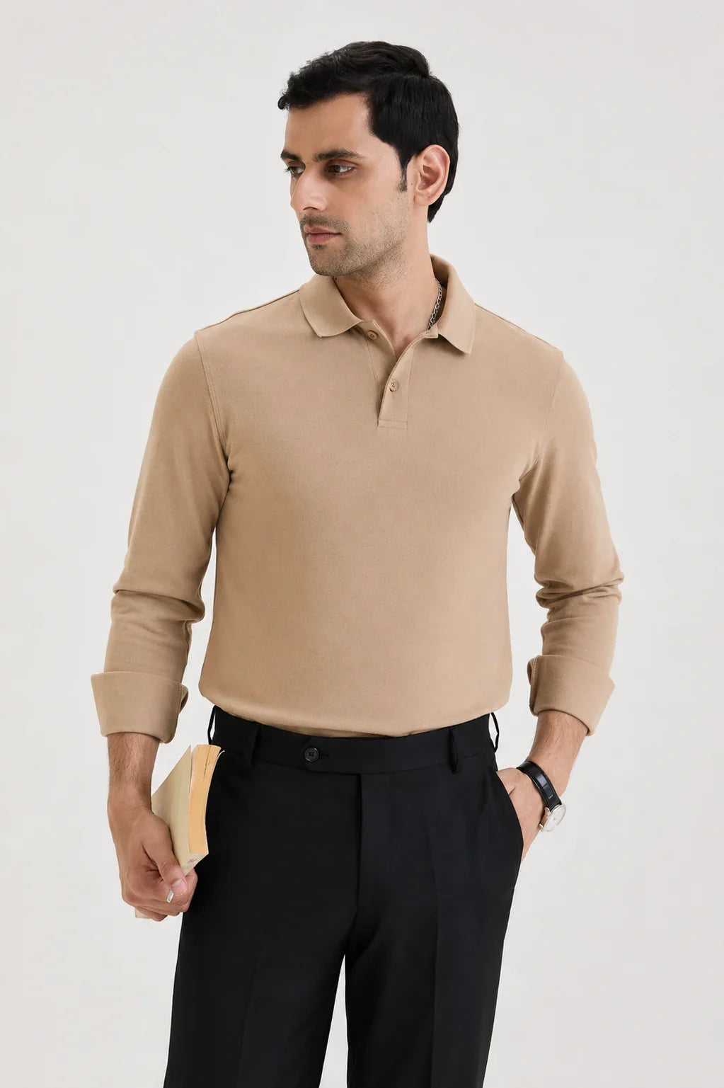 Tan Brown Long Sleeve Polo T-shirt 1