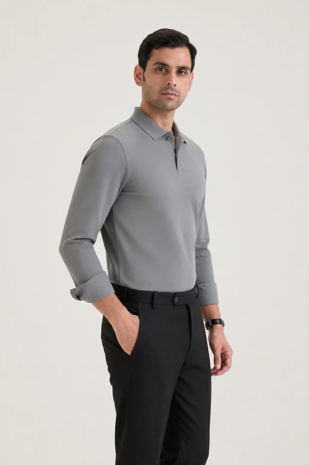Light Grey Long Sleeve Polo T-shirt 1