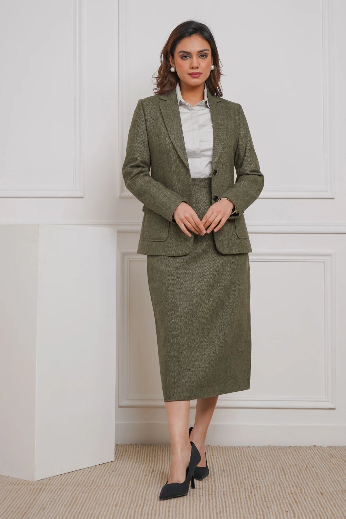 Power Play in Herringbone Olive Green Blazer with Skirt Set