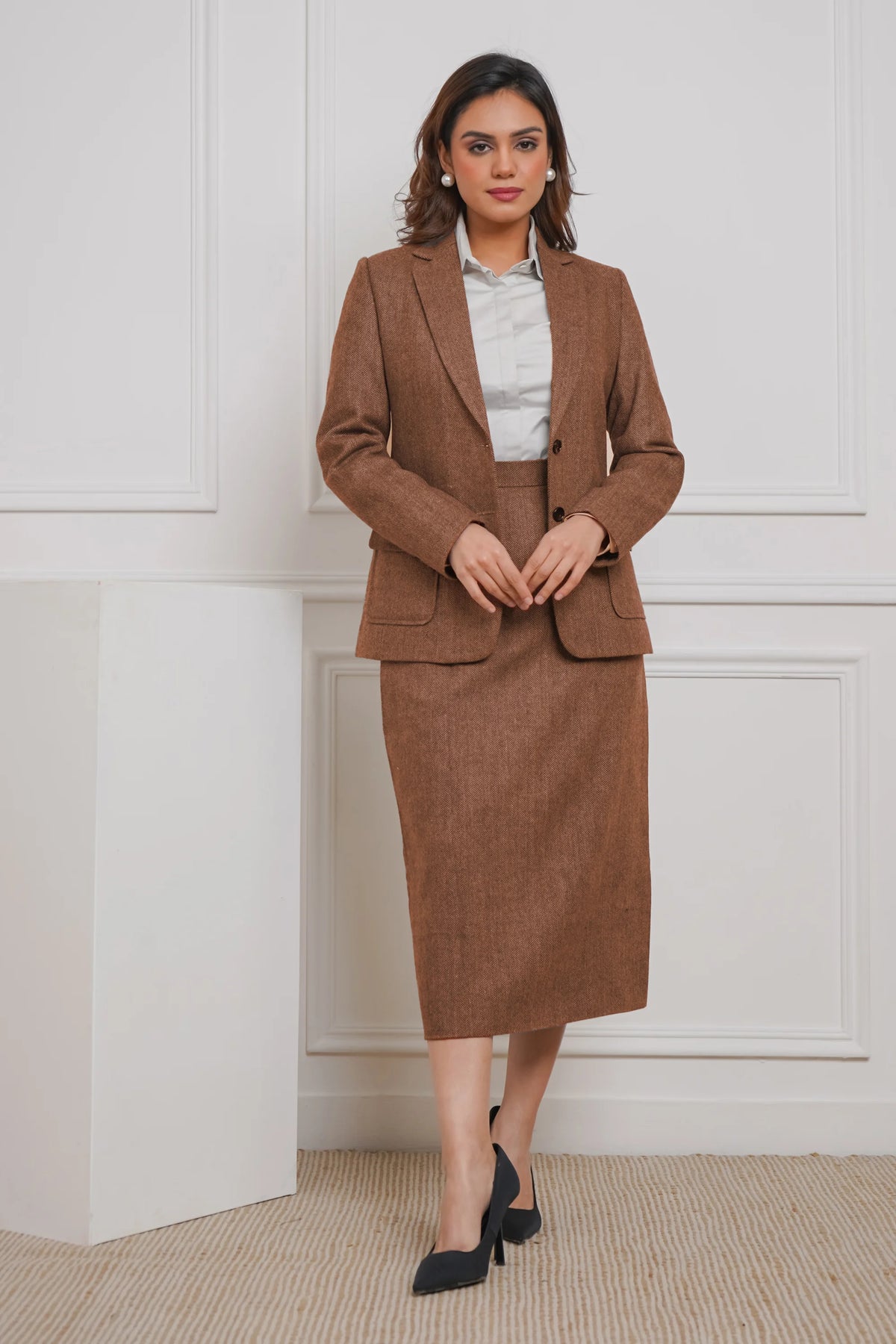 Power Play in Herringbone Tan-tastic Blazer with Skirt Set