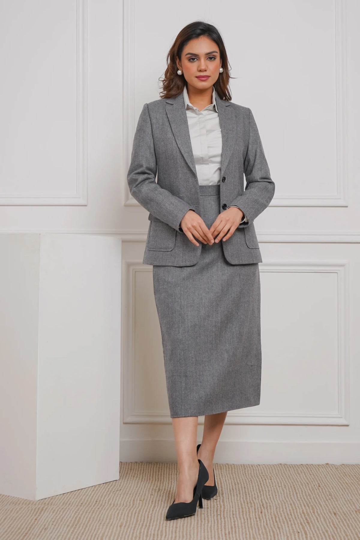 Power Play in Herringbone Gray Blazer with Skirt Set