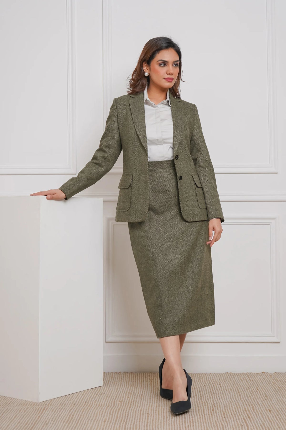 Power Play in Herringbone Olive Green Blazer with Skirt Set