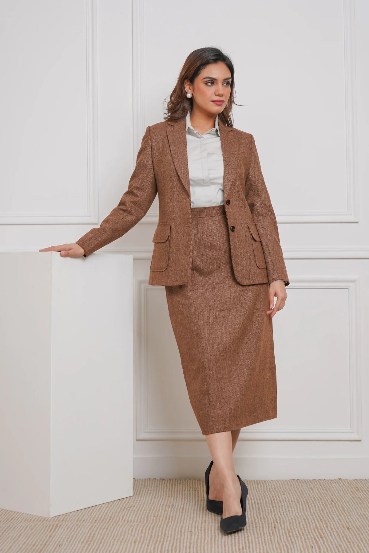 Power Play in Herringbone Tan-tastic Blazer with Skirt Set