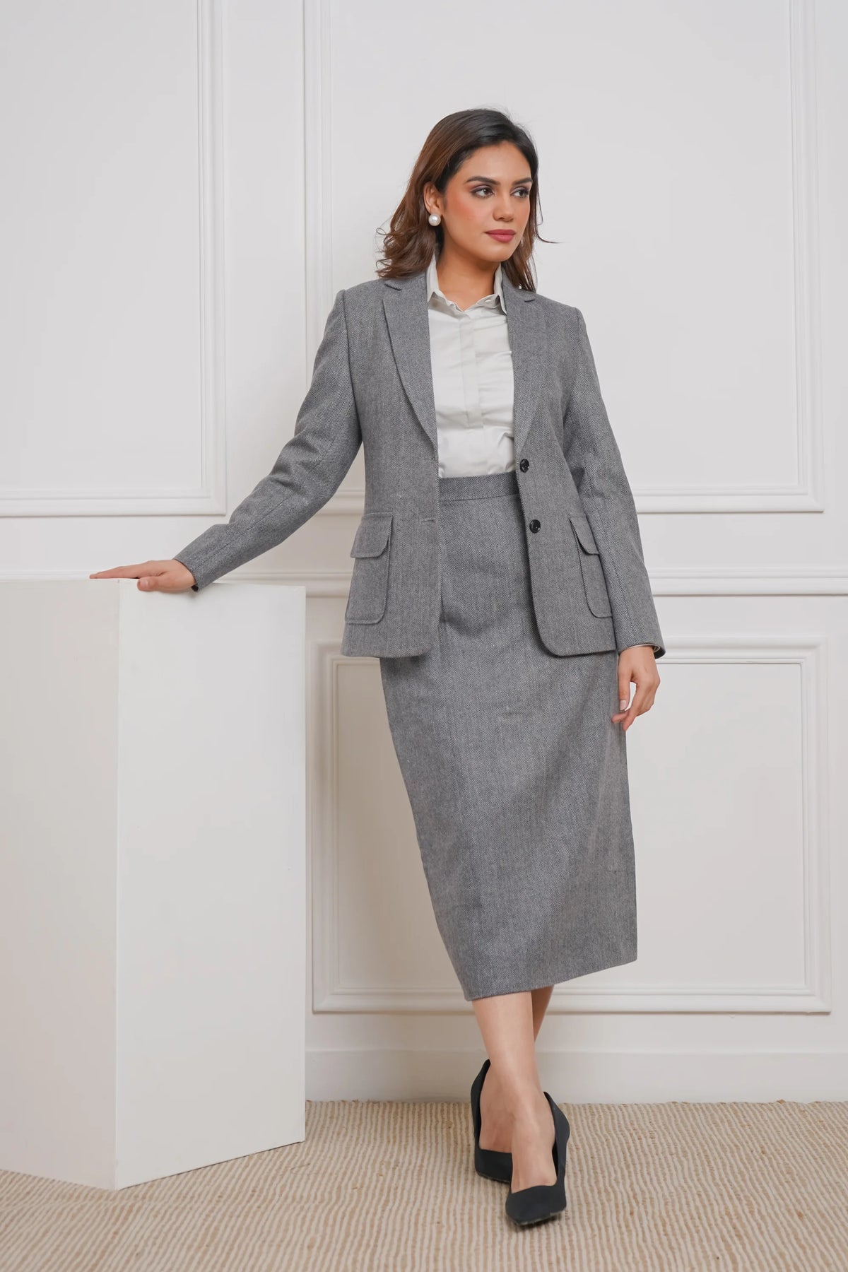 Power Play in Herringbone Gray Blazer with Skirt Set