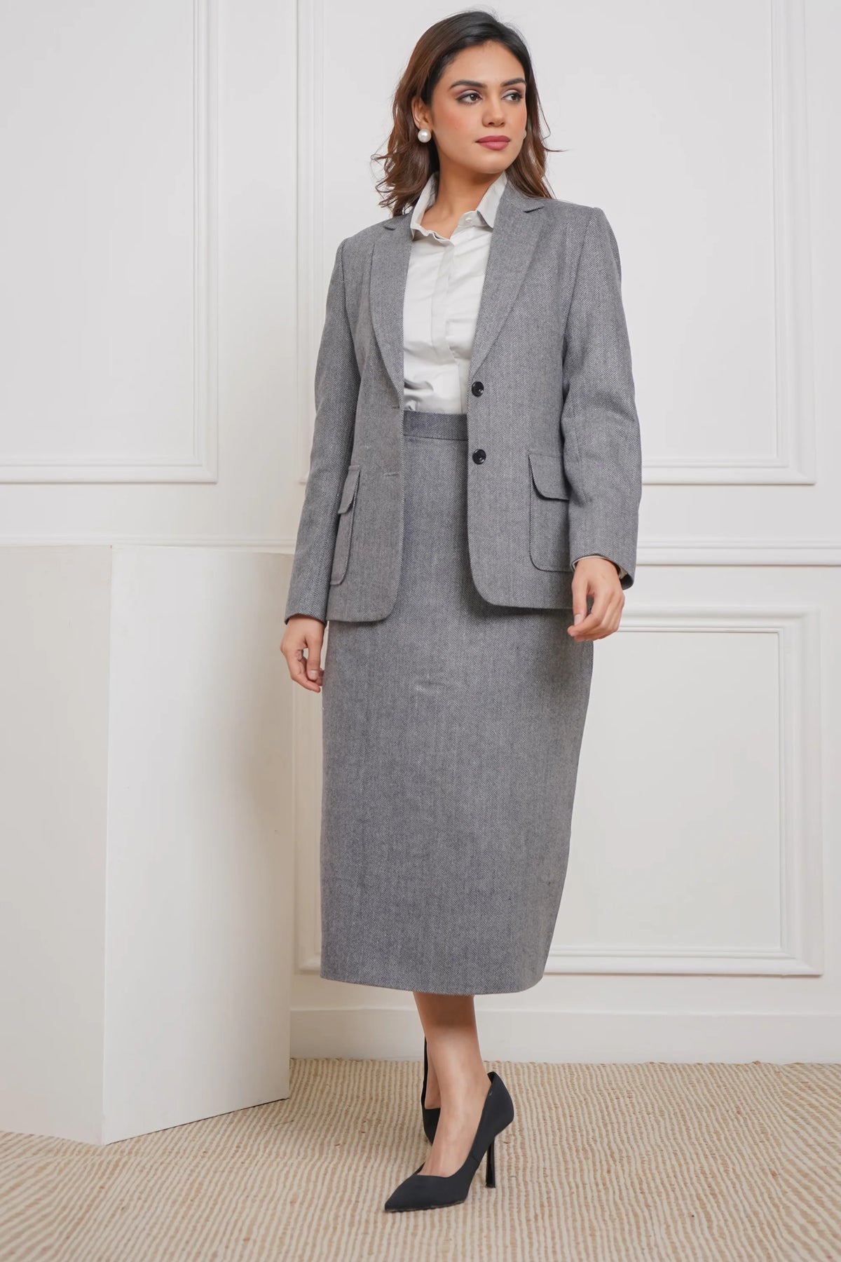 Power Play in Herringbone Gray Blazer with Skirt Set