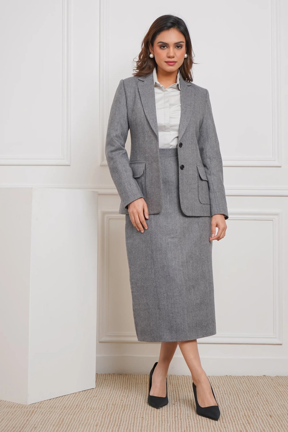 Power Play in Herringbone Gray Blazer with Skirt Set