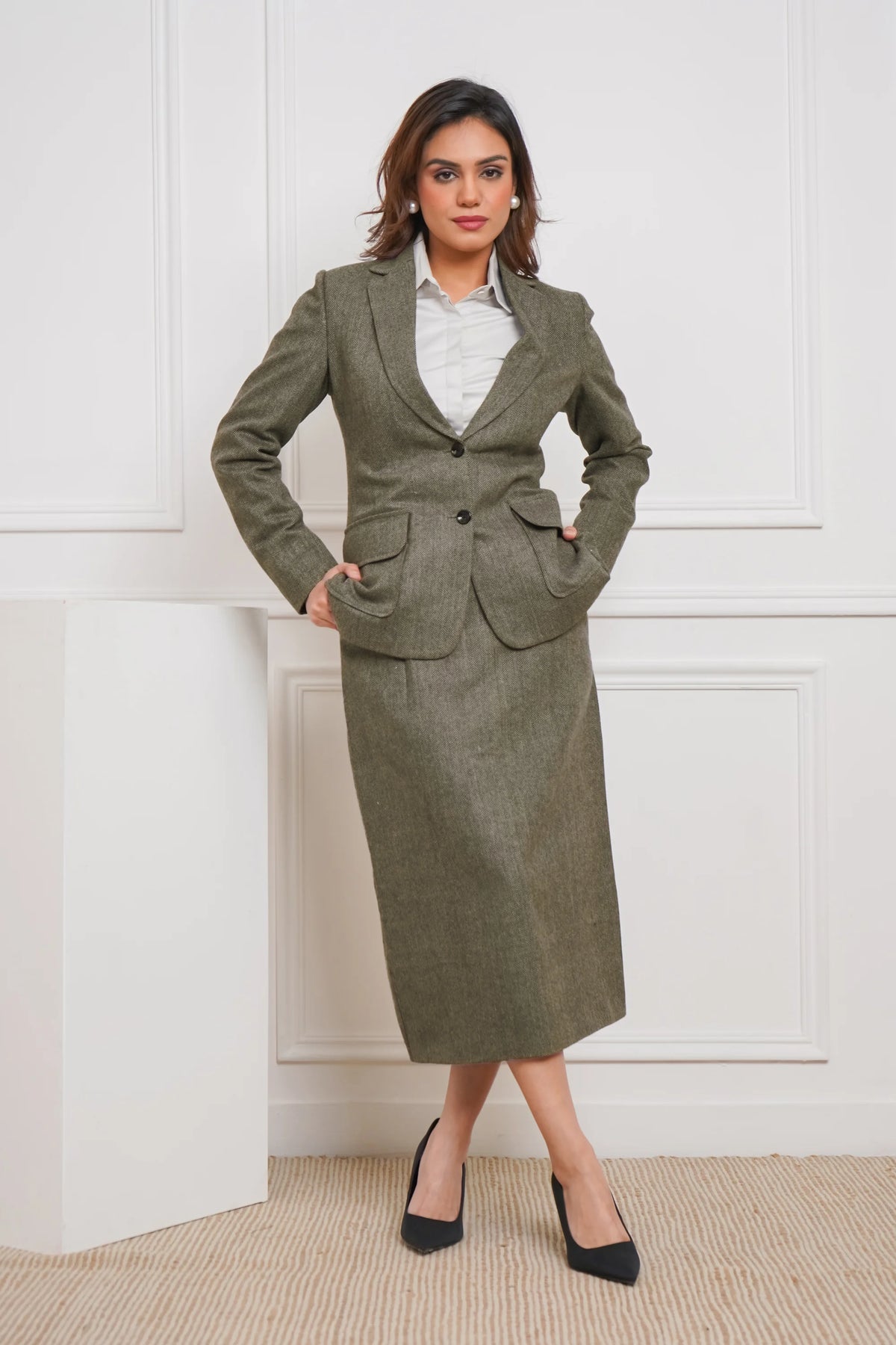 Power Play in Herringbone Olive Green Blazer with Skirt Set