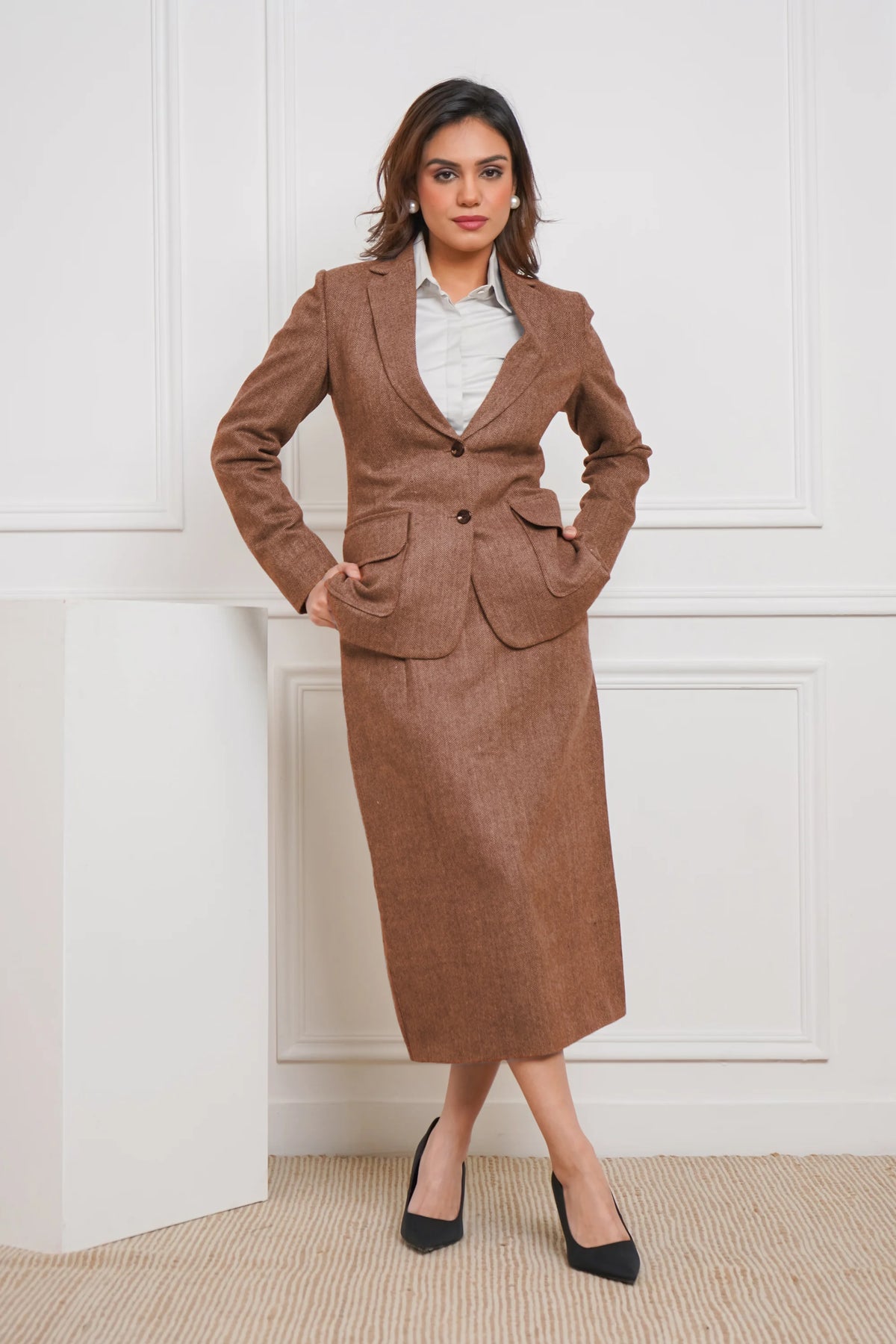 Power Play in Herringbone Tan-tastic Blazer with Skirt Set